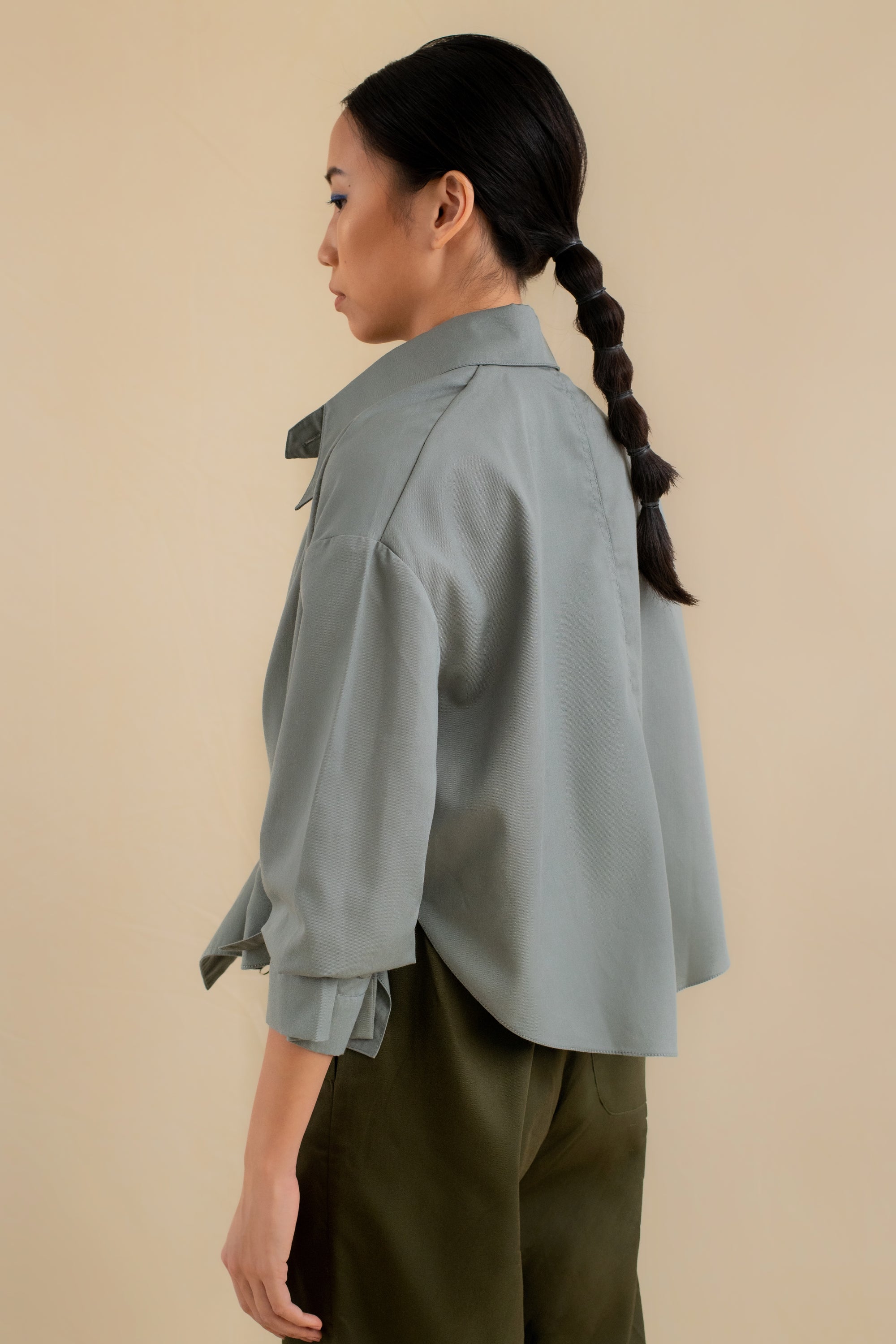 Laundry Studio Clothing Store Singapore Teal Curved Hem Shirt Jacket Side View