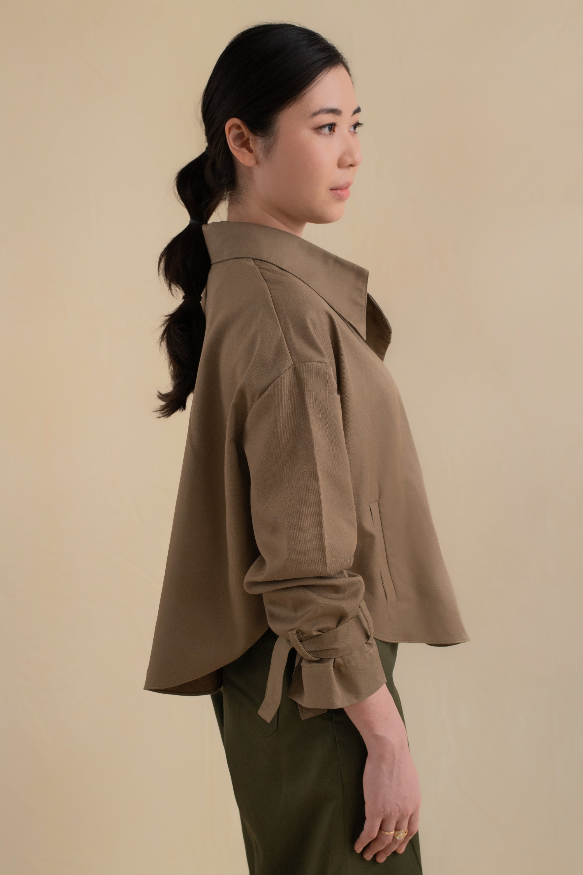 Laundry Studio Clothing Store Singapore Brown Curved Hem Shirt Jacket Side View